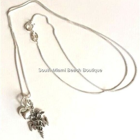 Nursing RN Caduceus Necklace Sterling Silver 925 Puff Heart Graduation Gift - Picture 9 of 12